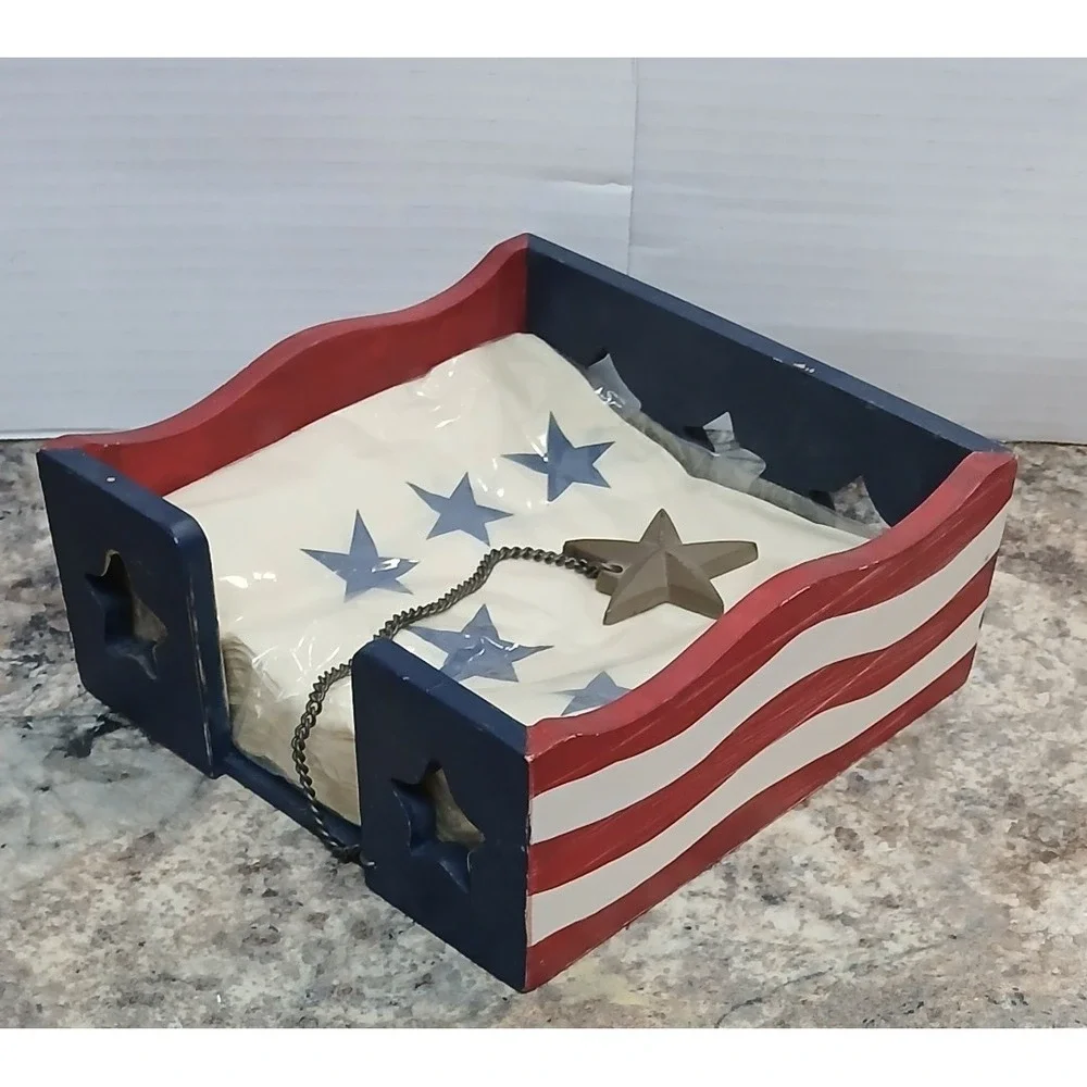 Vintage Russ Americana Flags Serving Set Dish Salt & Pepper Shaker Napkin Holder